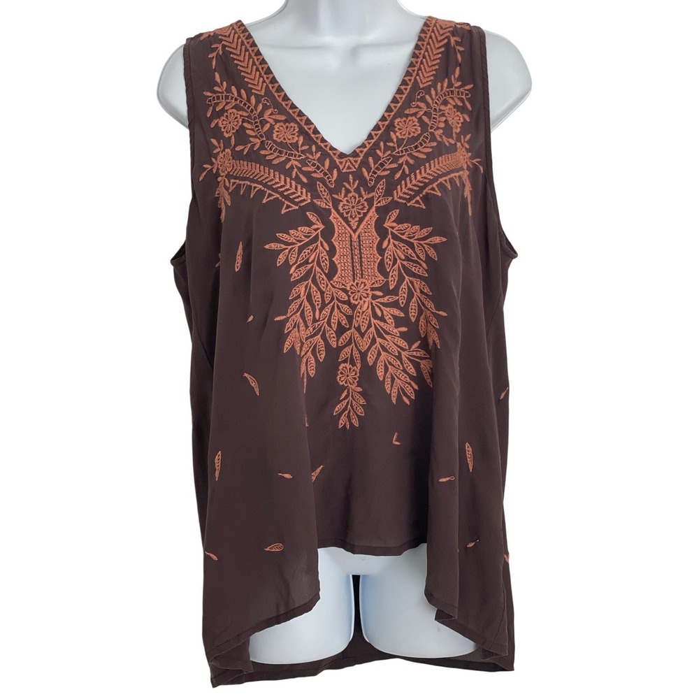 Johnny Was Womens Silk Brown sleeveless Top M Embroidered Boho Festival Earthy